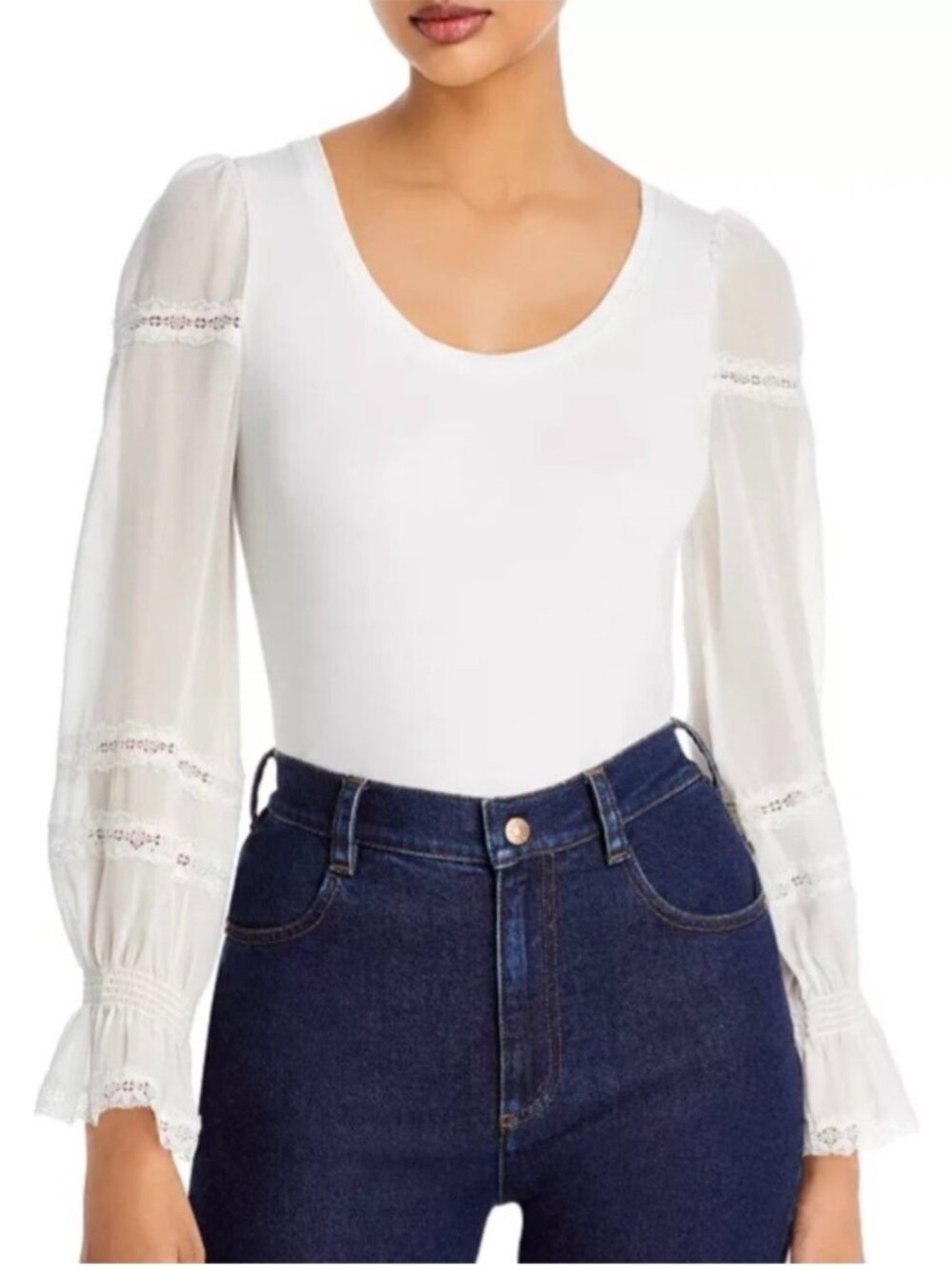 Generation Love White Lace Sleeve Ruffle Top Romantic Sheer Blouse Medium